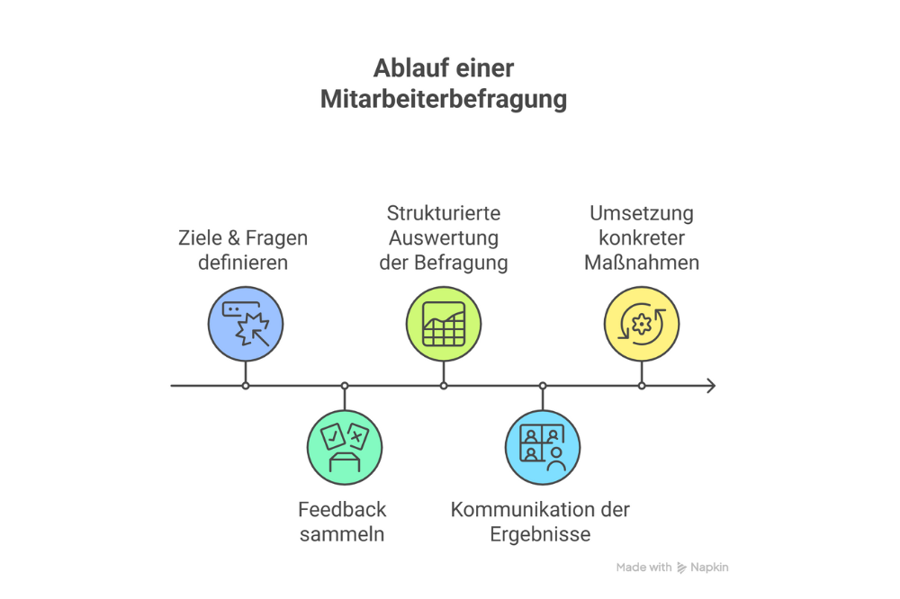 Tipps für den Ablauf einer Befragung der Mitarbeiter: Fragen und Ziele definieren, Umfrage durchführen, Analyse, Ergebnisse kommunizieren und umsetzen